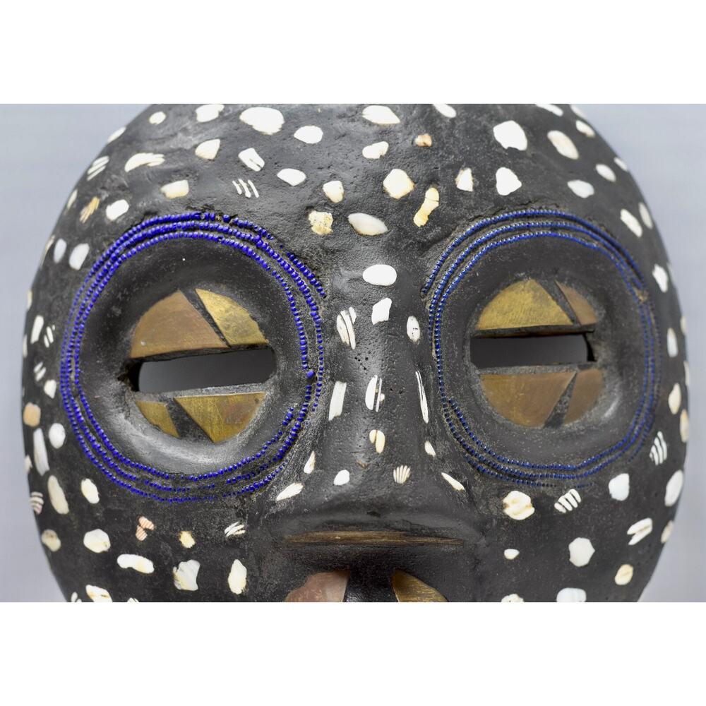 African Baluba Wood Brass Beaded Mask Luba Handmade Ceremonial Bantu Art - Picture 6 of 13